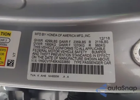 2019 Honda Accord Ex from USA, damaged, VIN 1HGCV1F45KA033850